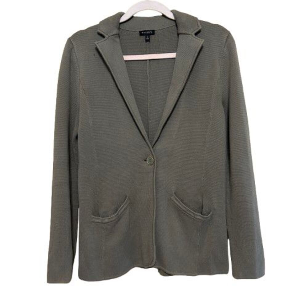 Talbots Knit Blazer Sweater Jacket Womens Small Sage Green One Button Pockets